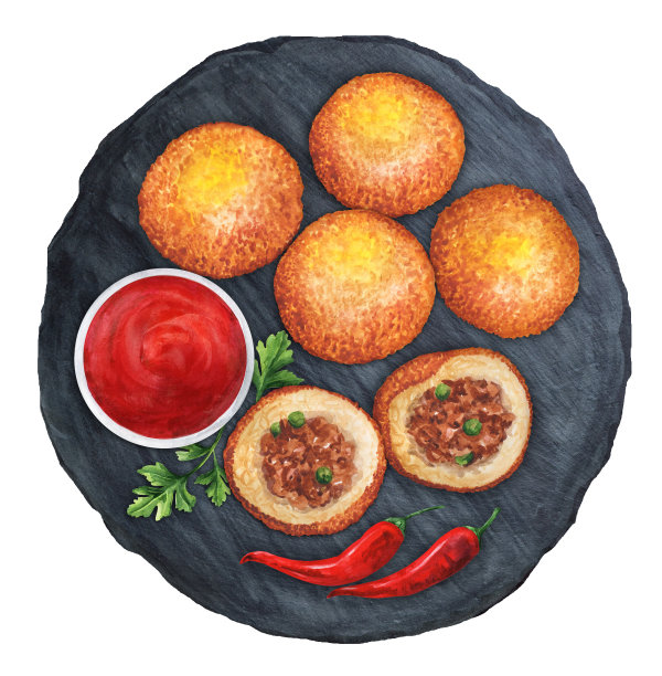 炸阿兰西尼，肉末饭团。水彩插图图片下载