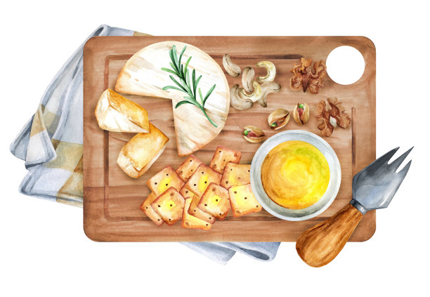意大利开胃菜。布里干酪加蜂蜜和坚果放在木板上图片下载