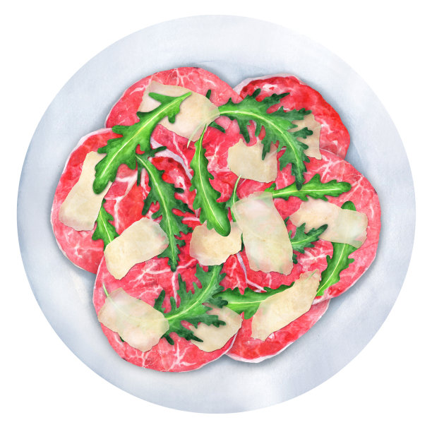 土豆片配芝麻菜和帕尔马干酪。水彩插图图片下载