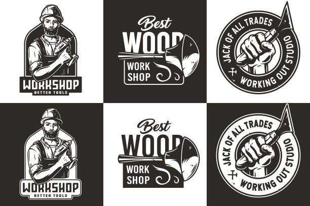 一套有胡须的工匠，凿子和木匠的标志，木工或车间或木工图片下载