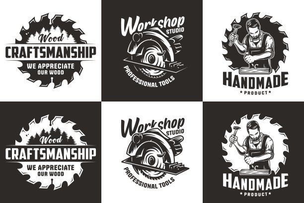一套有胡须的木匠和锯木工或木雕的标志。车间或木工设计图片下载