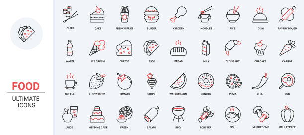 食物和饮料红黑色细线图标集，膳食收集餐厅和咖啡馆的菜单。图片下载