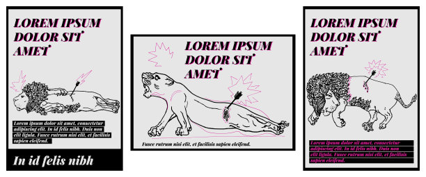 三个美索不达米亚启发设计的图形资源。经典线条雕塑的t恤印花，海报，贴纸的真实插图。狮子和母狮图片下载