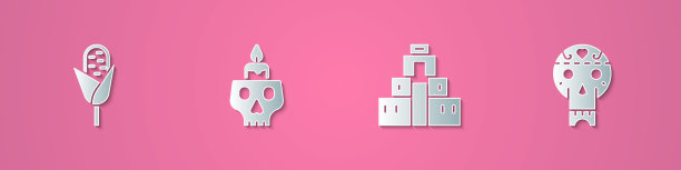 设置剪纸玉米，燃烧的蜡烛上的头骨，奇琴伊察玛雅和墨西哥的图标。纸艺风格。向量图片下载