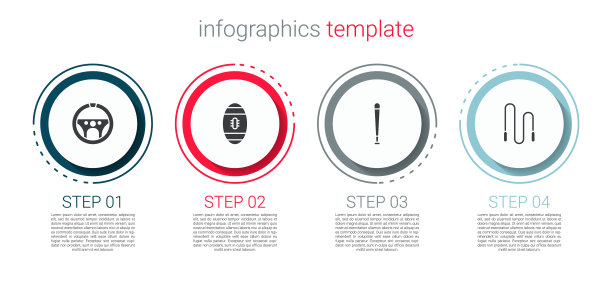 设置方向盘，美式橄榄球，棒球棒和跳绳。业务信息图表模板。向量图片下载