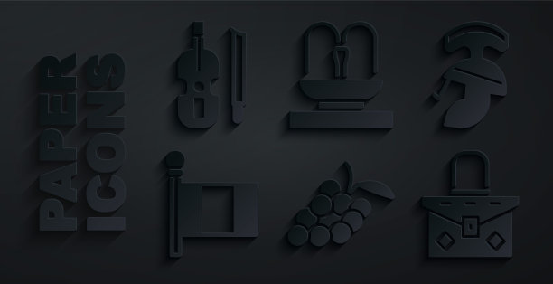 集葡萄水果，罗马军队头盔，意大利国旗，手袋，喷泉和小提琴图标。向量图片下载