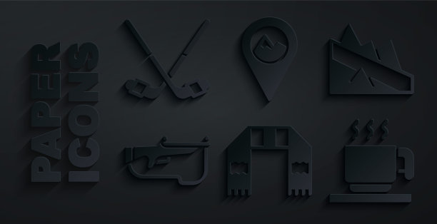 集冬季围巾，下山，冬季两项步枪，热巧克力杯，位置与山和冰球棒的图标。向量图片下载