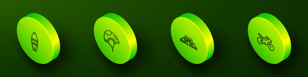 设置等距线冲浪板，头盔，一级方程式赛车和摩托车图标。向量图片下载