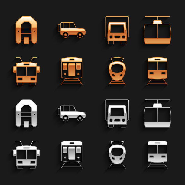 集火车和铁路，缆车，有轨电车，无轨电车，货运卡车，漂流船和Off公路图标。向量图片下载