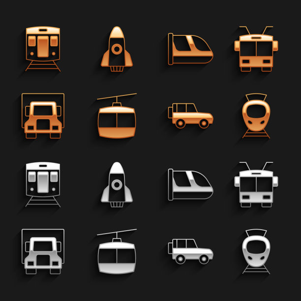 设置缆车，无轨电车，有轨电车和铁路，越野，货运卡车，火车和火箭船图标。向量图片下载
