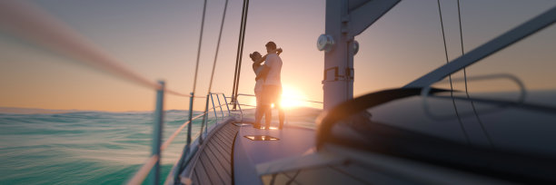 年轻夫妇在游艇上拥抱3d渲染图片下载