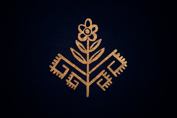 正宗的卡累利阿金色花朵装饰上深蓝色的生态皮革，背景，动物友好，卡累利阿，北欧，芬兰，北，俄罗斯西北部，北欧花，民间图片下载