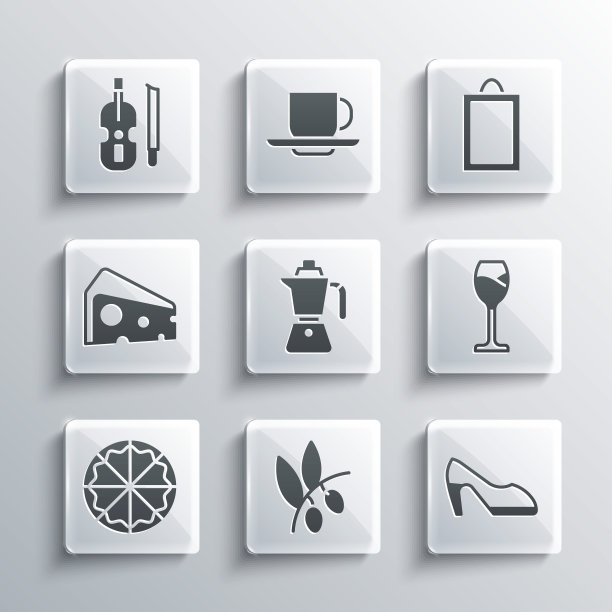 集橄榄枝，女人鞋，酒杯，咖啡摩卡壶，披萨，奶酪，小提琴和图片图标。向量图片下载