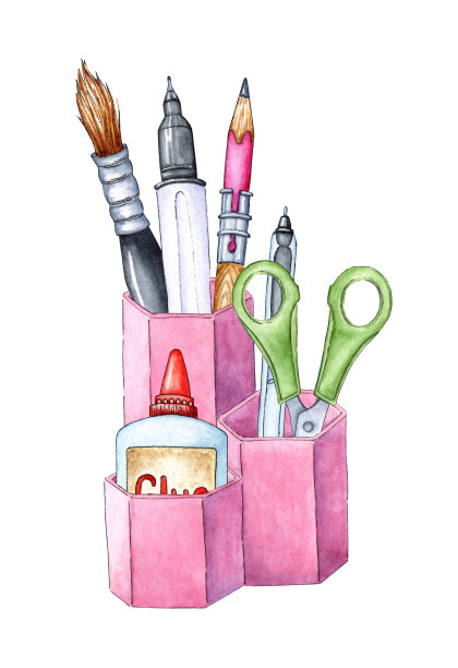 粉红色的组织者与水彩文具图片下载