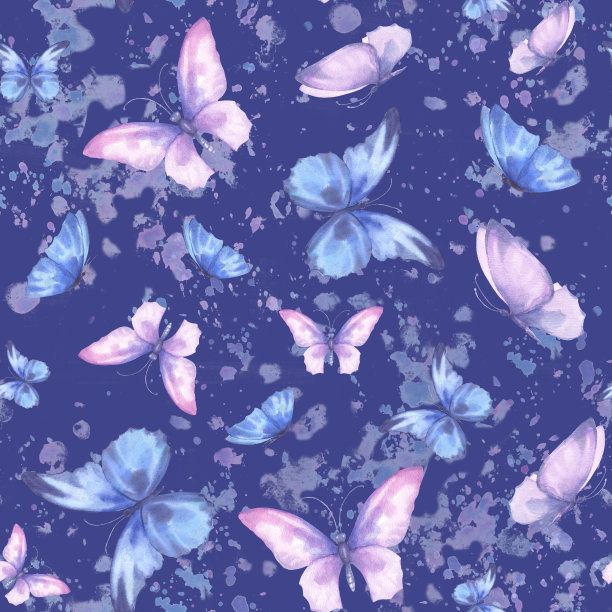 可爱的蝴蝶手绘水彩无缝图案。精致的蓝色和紫色蝴蝶与水彩飞溅，水彩在蓝色背景插图。图片下载