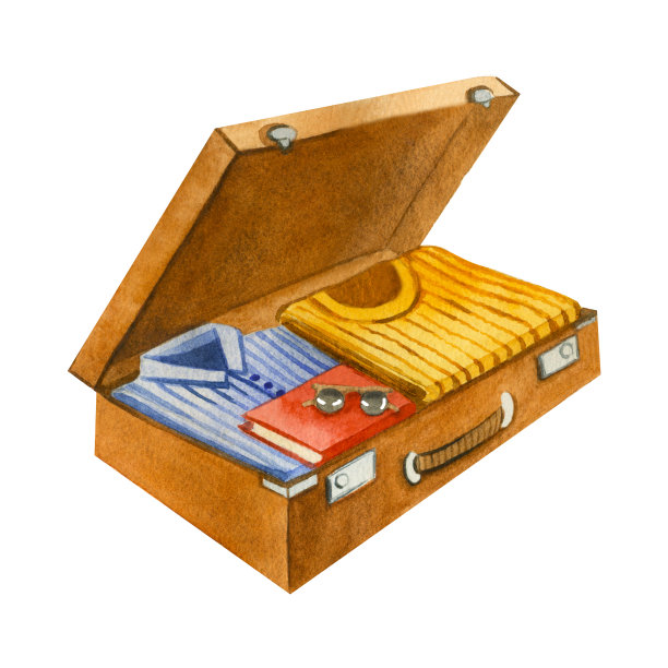 水彩插图。棕色的行李箱打开，里面有一件黄色的毛衣，一件蓝色的衬衫，一本书和一副在白色背景上用水彩手绘的太阳镜。适合印刷、创意图片下载