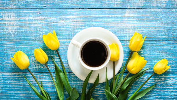 蓝色背景上的一束黄色郁金香和一杯咖啡，俯视图。图片下载