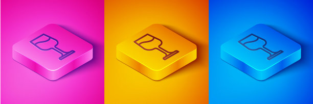 等距线葡萄酒玻璃图标隔离在粉红色和橙色，蓝色背景。葡萄酒杯的迹象。方形按钮。向量图片下载