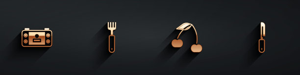 设置便携式视频游戏机，叉子，樱桃和刀图标长阴影。向量图片下载