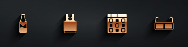 集啤酒瓶，汗衫，鼓机音乐和眼镜图标与长阴影。向量图片下载