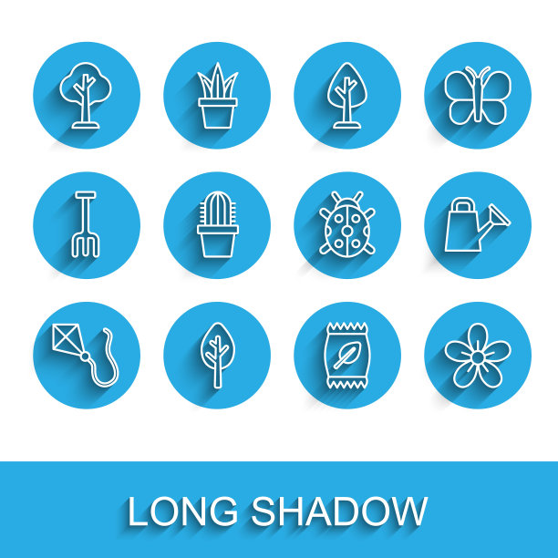 设置线风筝，森林，肥料袋，花，仙人掌佩奥特奥特在锅，浇水罐和瓢虫图标。向量图片下载