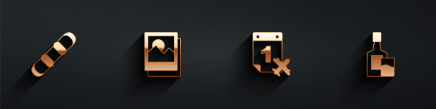 设置滑雪板，照片，日历和飞机和威士忌酒瓶玻璃图标长阴影。向量图片下载