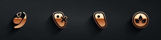 设定苹果和香蕉，不吃肉，牛排和素食饮食图标长阴影。向量图片下载