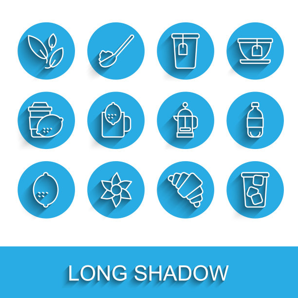 设置线柠檬，花，茶叶，牛角面包，冰茶，柠檬杯，瓶装水和法国新闻图标。向量图片下载