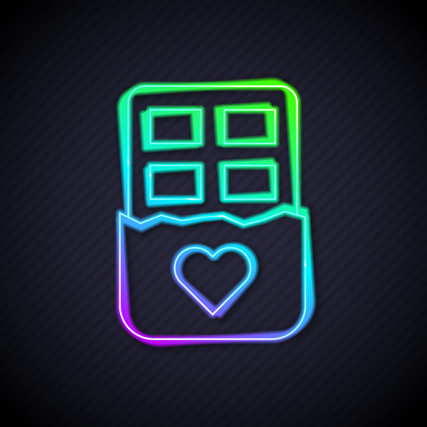 发光的霓虹线巧克力条图标孤立的黑色背景。情人节快乐。向量图片下载