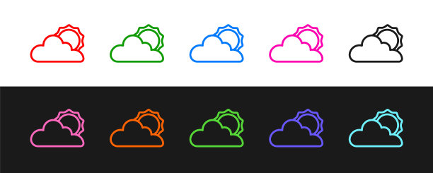 设定线太阳和云天气图标孤立的黑色和白色的背景。向量图片下载