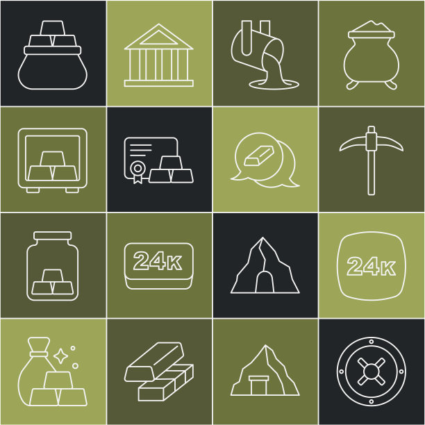 设置线安全，金条24k，鹤嘴锄，熔化的黄金被倾倒，证书，袋和图标。向量图片下载