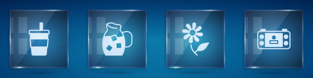 集纸玻璃与水，壶，花和便携式视频游戏机。方形玻璃板。向量图片下载