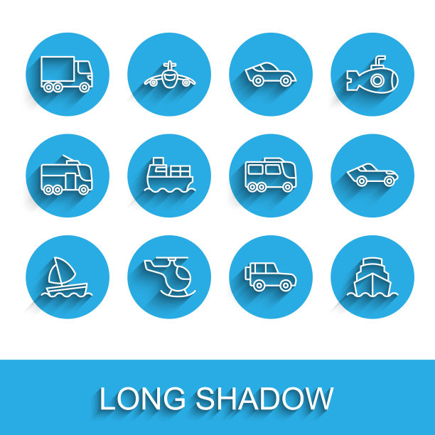 集线游艇帆船，直升机，交付货物卡车，越野，游轮，货物与箱子交付，和巴士图标。向量图片下载