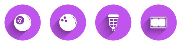 集台球，保龄球，口袋和桌子图标与长阴影。向量图片下载