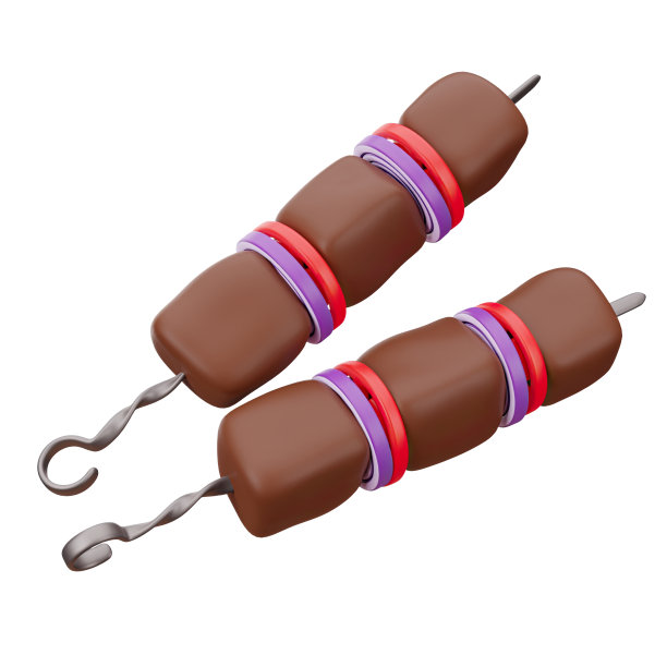 西红柿和洋葱烧烤的3D渲染图。快餐。烤肉串上的烤肉明亮的插图在卡通，塑料，粘土3D风格。孤立在白色背景上。图片下载