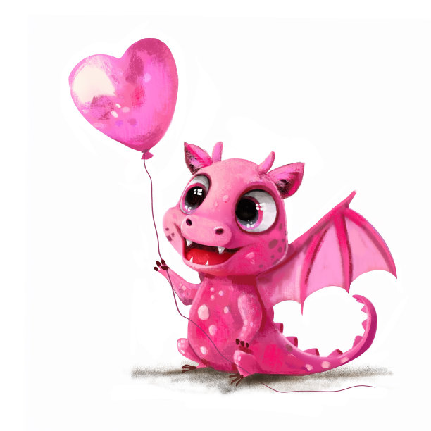 粉红色可爱的龙卡通人物与飞行气球微笑。带有爬行动物翅膀的中国新年标志。图片下载