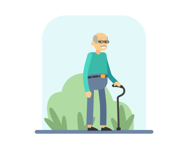 在街头插画中，卡通老人微笑着拄着拐杖走路图片下载