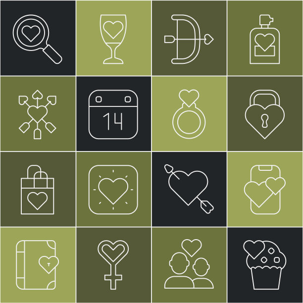 婚庆蛋糕，婚恋app在线手机，心形城堡，弓箭，2月14日日历，爱情，搜索爱情和戒指图标。向量图片下载
