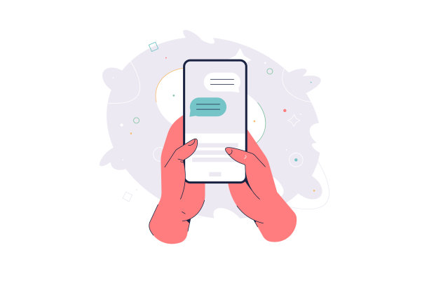 人手里拿着手机发短信。人触摸屏幕与聊天对话平面矢量插图。电话通讯概念图片下载