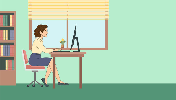 年轻女孩坐在办公室的桌子前上网工作。混合工作，在线培训，远程工作。矢量插图在平面卡通风格图片下载