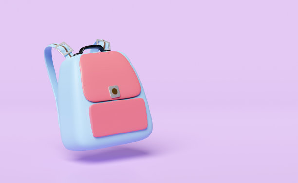 3d蓝色背包，书包漂浮图标孤立的紫色背景。返校，教育理念，3d渲染插画图片下载