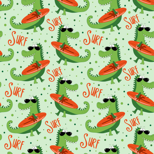手绘可爱的鳄鱼与冲浪板无缝图案图片下载