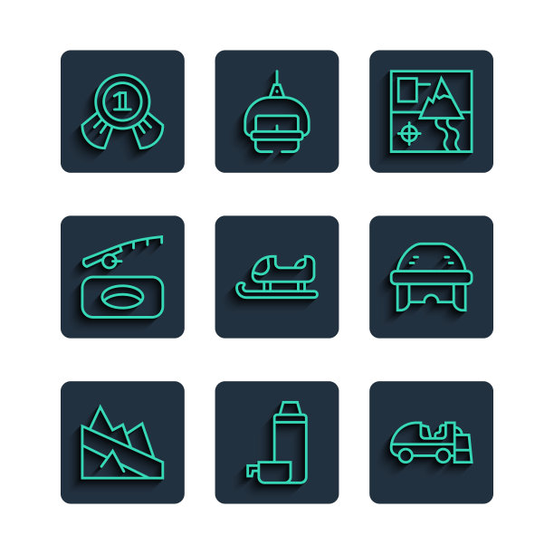 设置线山下降，保温瓶容器，冰重新浮出水面，折叠地图，雪橇，冬季钓鱼，奖牌和曲棍球头盔图标。向量图片下载