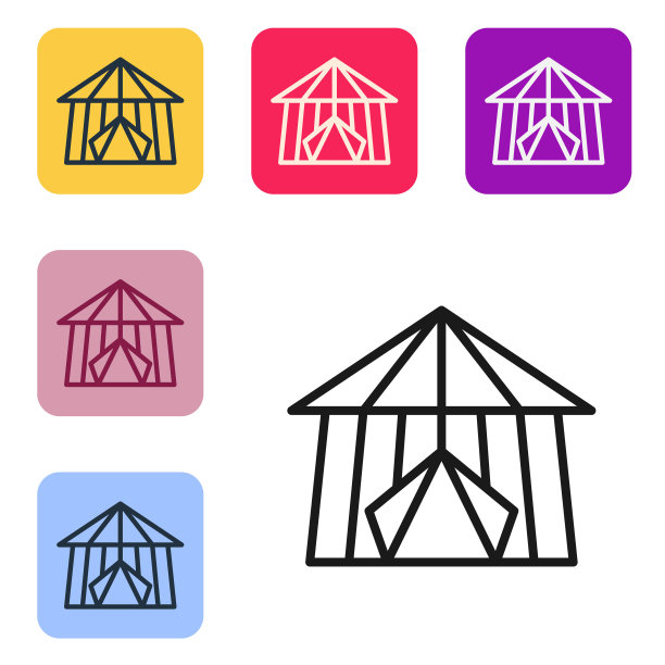 黑线马戏团帐篷图标孤立在白色背景。狂欢节露营帐篷。游乐园。设置图标为彩色方形按钮。向量图片下载