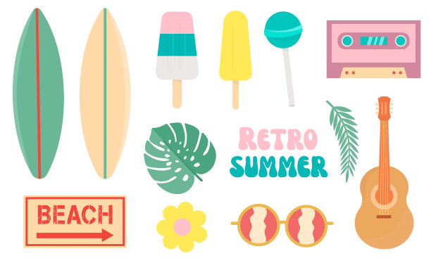 复古夏季套装。一套夏季元素在复古和槽的风格。冰淇淋，植物，卡带，吉他，棒棒糖，太阳镜，热带，海滩。矢量图图片下载