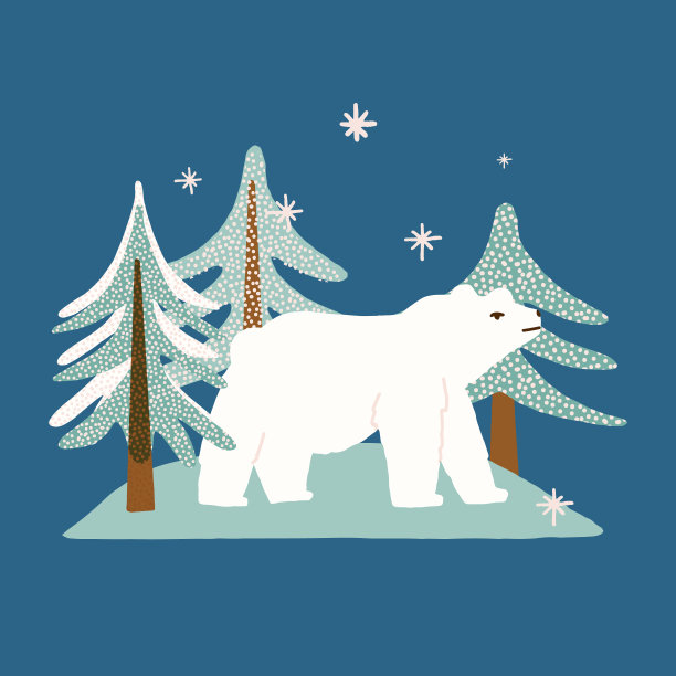 健康的白北极熊在森林里，在野生的雪杉林中。在寒冷的冬天，一只北极动物在下雪。北极野生动物矢量插图图片下载
