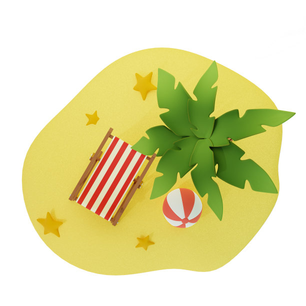 旅游和夏季海滩度假的时间，俯视图。沙滩椅、游戏球和沙滩上的棕榈树。三维渲染图片下载