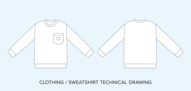 运动衫与口袋，技术图纸模板，时尚素描插图。可编辑的矢量，线条艺术。图片下载