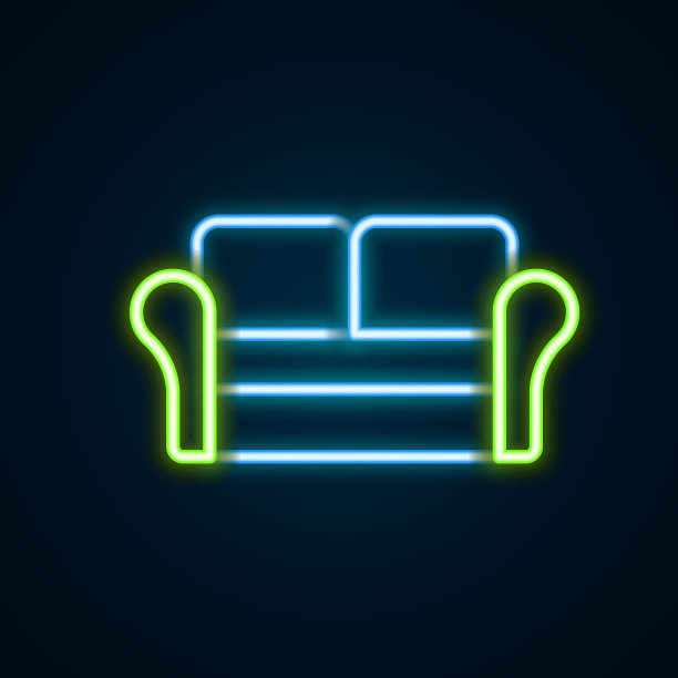 发光的霓虹灯线沙发图标孤立的黑色背景。色彩缤纷的轮廓概念。向量图片下载