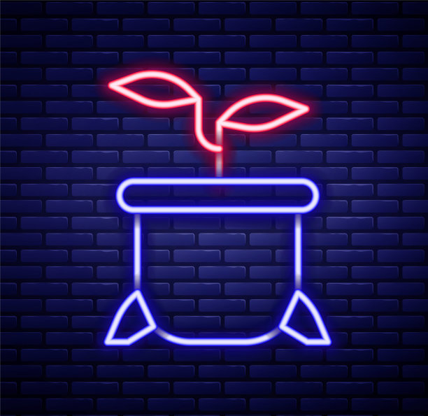 发光的霓虹灯线植物在锅图标孤立的砖墙背景。盆栽植物。盆栽植物标志。色彩缤纷的轮廓概念。向量图片下载